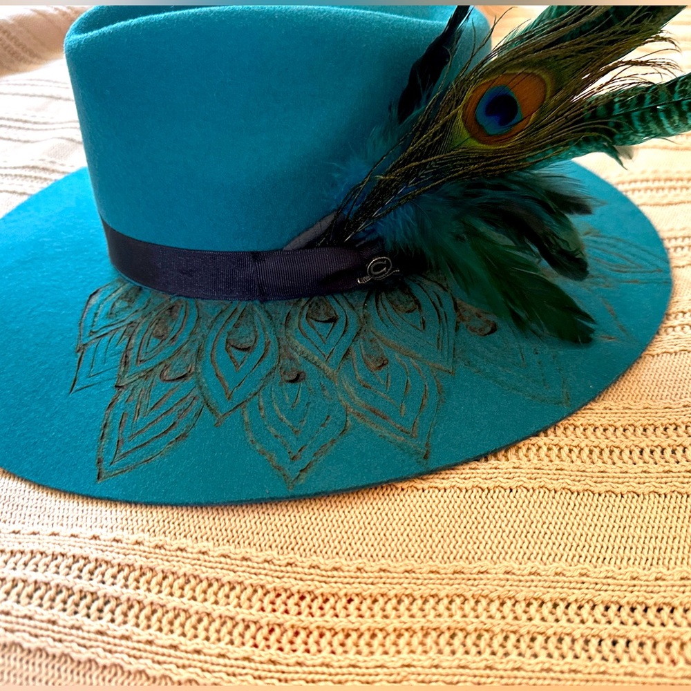 Custom burned Teal Charlie 1 horse Hat with Peacock Feather Accent